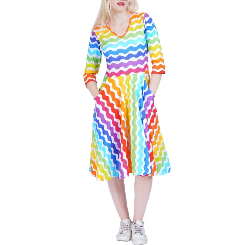 Ruffled Women Dress with Multiple Layers for a Playful and Girly StyleZig Zag Rainbow 3/4th Sleeves Fit & Flare Dress Ruffled Women Dress with Multiple Layers for a Playful and Girly StyleZig Zag Rainbow 3/4th Sleeves Fit & Flare Dress