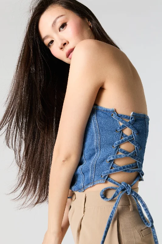 Denim Lace-Up Strapless Corset Top