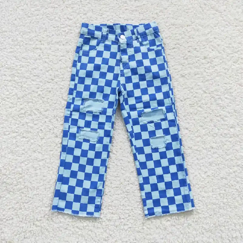 P0097 Blue plaid ripped jeans