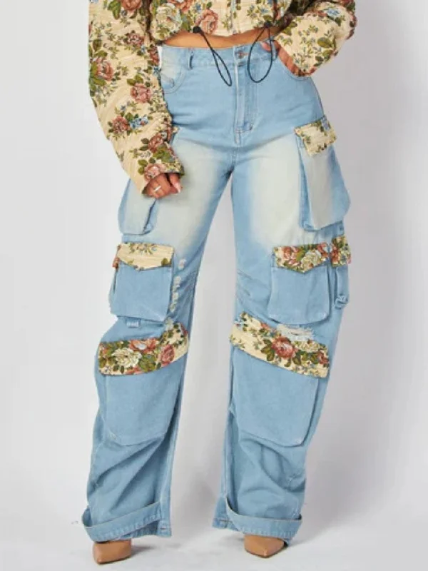 Floral Denim Multi Pocket Cargo Jeans