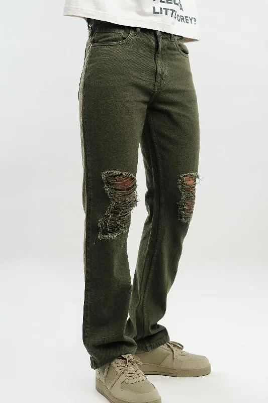 Men's Distressed Wide Olive Jeans