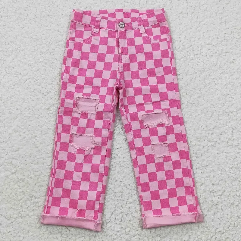 P0096 Ripped pink plaid jeans