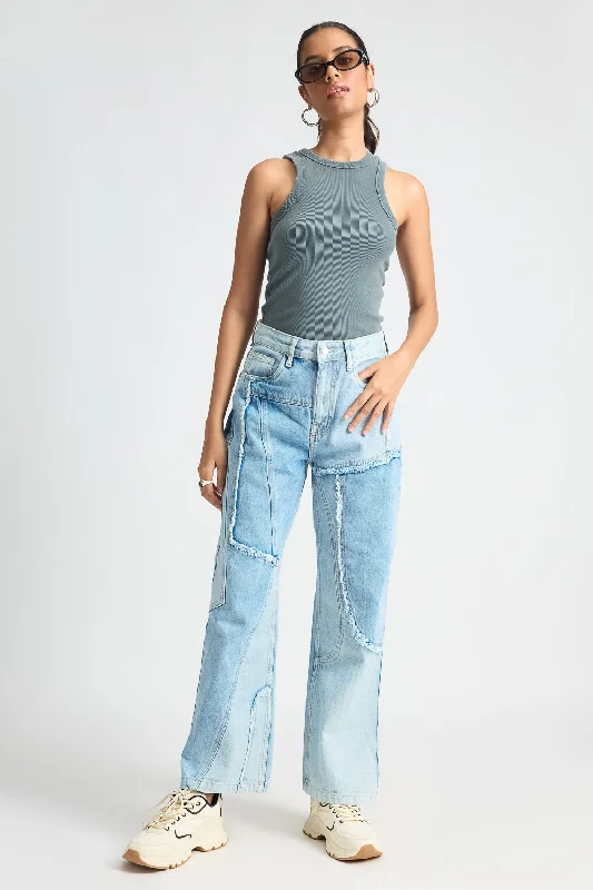 Light Blue Patchwork Straight Jeans
