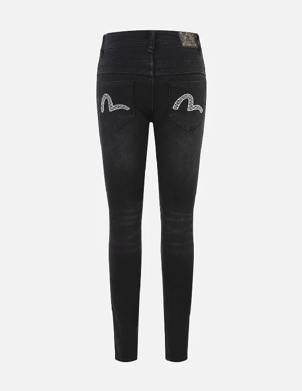 Seagull Embroidery High-Waist Skinny Jeans