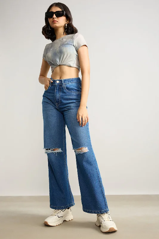 High Waisted Distress Wide Denims