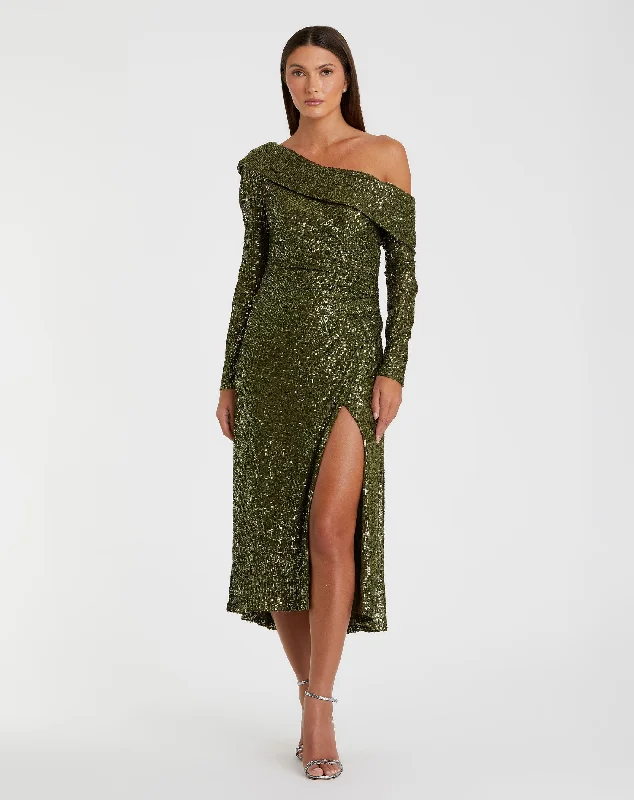 Empire Waist Women Dress to Accentuate the Bust and Conceal the WaistOne Shoulder Sequin Long Sleeve Midi Dress Empire Waist Women Dress to Accentuate the Bust and Conceal the WaistOne Shoulder Sequin Long Sleeve Midi Dress