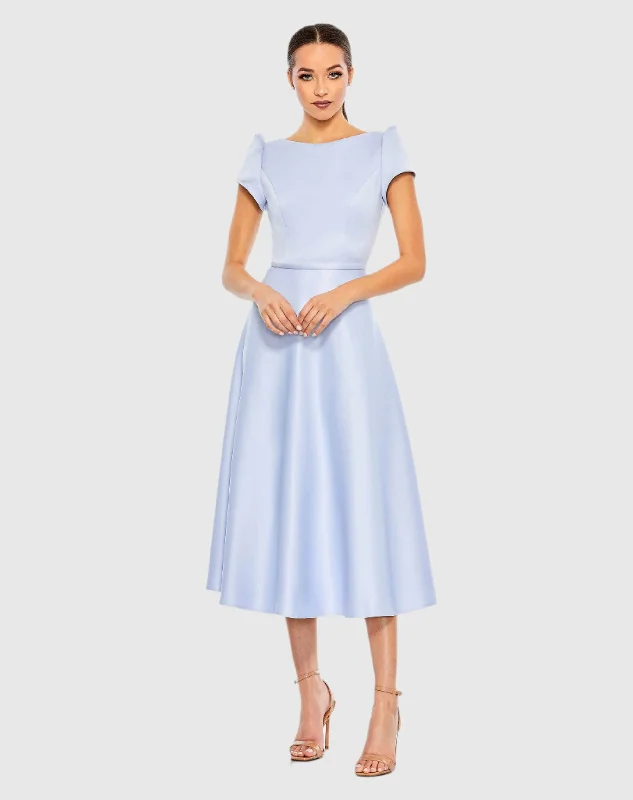 Ruffled Women Dress with Multiple Layers for a Playful and Girly StyleSatin Puff Shoulder Tea Length Dress Ruffled Women Dress with Multiple Layers for a Playful and Girly StyleSatin Puff Shoulder Tea Length Dress