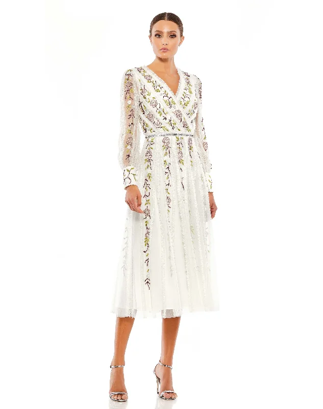 Lace - Embellished Women Dress for an Elegant and Sophisticated AppearanceWhite Long Sleeve Embroidered Wrap Midi Dress Lace - Embellished Women Dress for an Elegant and Sophisticated AppearanceWhite Long Sleeve Embroidered Wrap Midi Dress