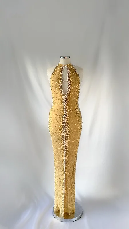 Sheath Women Dress with a Tailored Fit for a Professional LookMUTED YELLOW EMBELLISHED HALTER GOWN Sheath Women Dress with a Tailored Fit for a Professional LookMUTED YELLOW EMBELLISHED HALTER GOWN