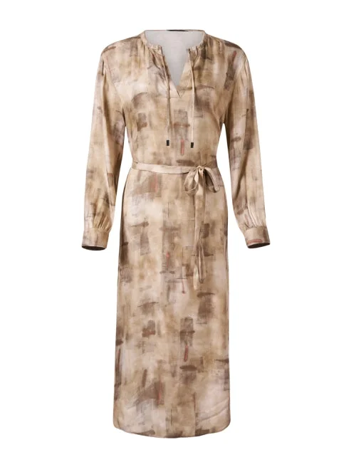 Empire Waist Women Dress to Accentuate the Bust and Conceal the WaistBeige Print Twill Dress Empire Waist Women Dress to Accentuate the Bust and Conceal the WaistBeige Print Twill Dress