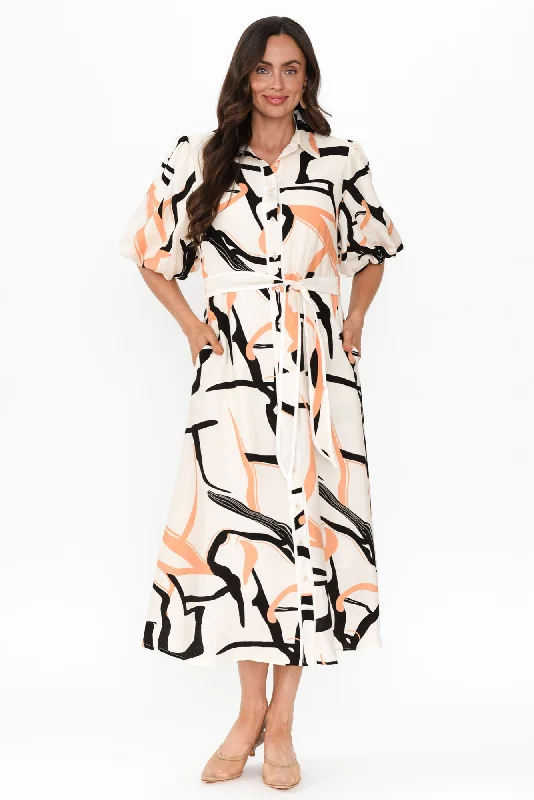 Wrap - Style Women Dress with Adjustable Fit for All Body TypesBimini Cream Geo Cotton Blend Dress Wrap - Style Women Dress with Adjustable Fit for All Body TypesBimini Cream Geo Cotton Blend Dress