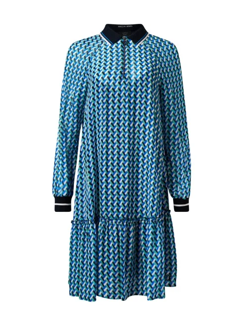 Off - the - Shoulder Women Dress for a Romantic and Feminine LookBlue Geometric Print Polo Dress Off - the - Shoulder Women Dress for a Romantic and Feminine LookBlue Geometric Print Polo Dress