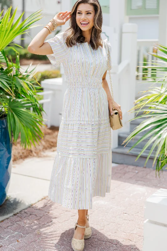 Printed Abstract Women Dress for a Modern and Artistic AppealFate: Stay Where You Are Cream White Striped Midi Dress Printed Abstract Women Dress for a Modern and Artistic AppealFate: Stay Where You Are Cream White Striped Midi Dress