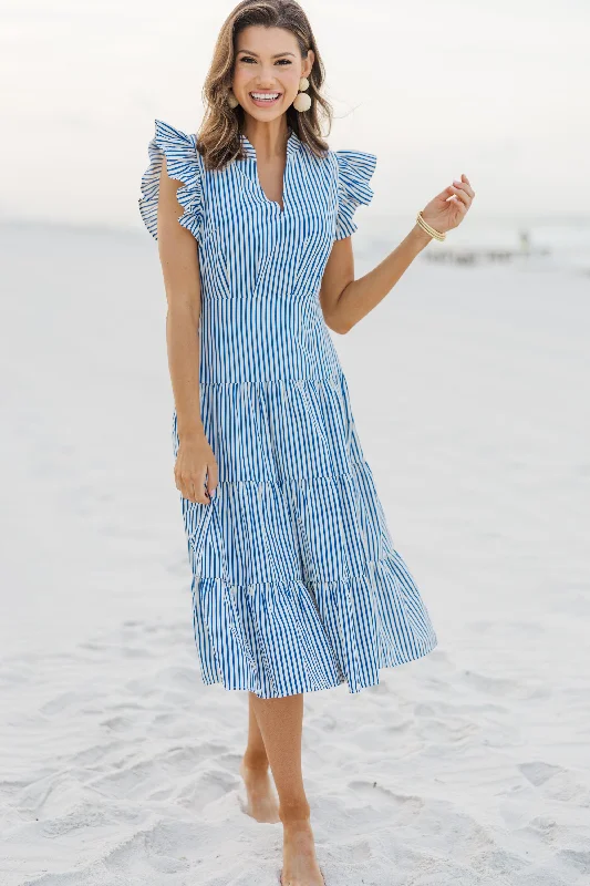Mermaid - Style Women Dress with a Fitted Silhouette for Special OccasionsFirst In Line Blue Striped Midi Dress Mermaid - Style Women Dress with a Fitted Silhouette for Special OccasionsFirst In Line Blue Striped Midi Dress