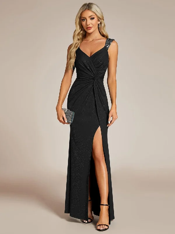 Empire Waist Women Dress to Accentuate the Bust and Conceal the WaistGlitter V-Neck High Slit Sequin Shoulder Strap Evening Dress Empire Waist Women Dress to Accentuate the Bust and Conceal the WaistGlitter V-Neck High Slit Sequin Shoulder Strap Evening Dress