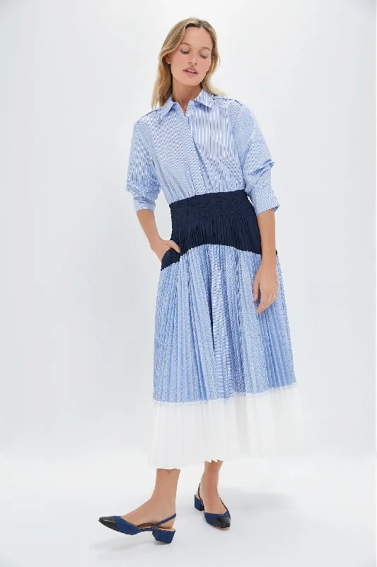Mermaid - Style Women Dress with a Fitted Silhouette for Special OccasionsHarbor Blue Stripe Jenella Pleated Combo Dress Mermaid - Style Women Dress with a Fitted Silhouette for Special OccasionsHarbor Blue Stripe Jenella Pleated Combo Dress
