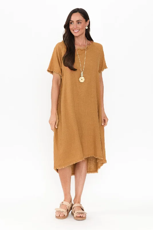 Wrap - Style Women Dress with Adjustable Fit for All Body TypesHumphrey Mustard Cotton Linen Frayed Dress Wrap - Style Women Dress with Adjustable Fit for All Body TypesHumphrey Mustard Cotton Linen Frayed Dress