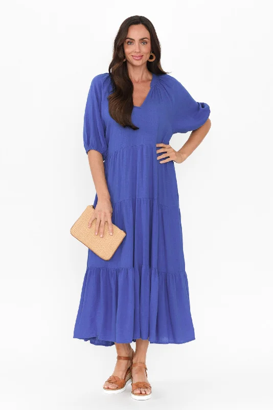 Long - Sleeve Women Dress in Velvet for a Luxurious Winter LookImogene Cobalt Cotton Linen Tiered Dress Long - Sleeve Women Dress in Velvet for a Luxurious Winter LookImogene Cobalt Cotton Linen Tiered Dress