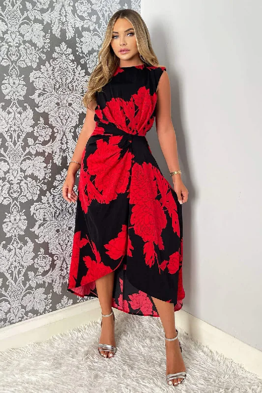 Ball Gown Women Dress with a Full Skirt for a Princess - like LookIndia Red and Black Floral Print Wrap Style Midi Dress Ball Gown Women Dress with a Full Skirt for a Princess - like LookIndia Red and Black Floral Print Wrap Style Midi Dress