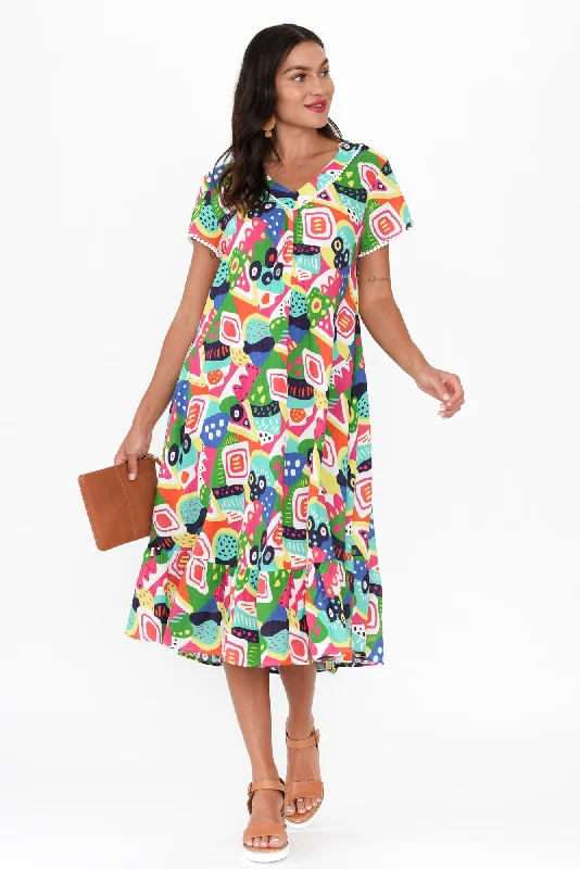 Halter Neck Women Dress to Show Off the Shoulders and NecklineKatika Green Abstract Cotton V Neck Dress Halter Neck Women Dress to Show Off the Shoulders and NecklineKatika Green Abstract Cotton V Neck Dress