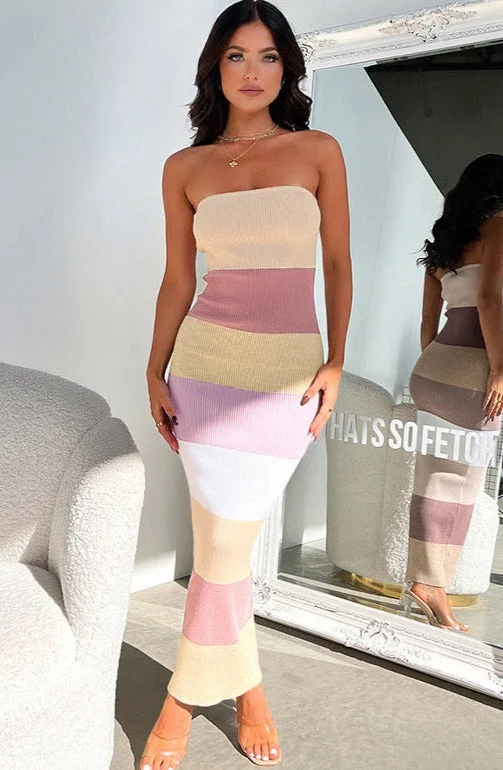 Sleeveless Women Dress in Bright Colors for Summer PartiesLinda Contrast Colors Strapless Knit Midi Dress Sleeveless Women Dress in Bright Colors for Summer PartiesLinda Contrast Colors Strapless Knit Midi Dress