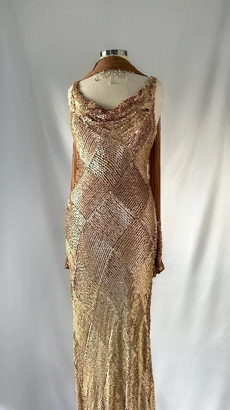 Mermaid - Style Women Dress with a Fitted Silhouette for Special OccasionsOLD HOLLYWOOD GOLD SEQUIN SILK GOWN & SCARF SET Mermaid - Style Women Dress with a Fitted Silhouette for Special OccasionsOLD HOLLYWOOD GOLD SEQUIN SILK GOWN & SCARF SET