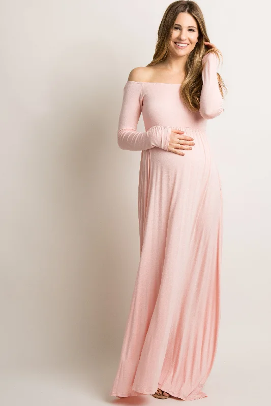 Mermaid - Style Women Dress with a Fitted Silhouette for Special OccasionsPinkBlush Pink Solid Off Shoulder Maternity Maxi Dress Mermaid - Style Women Dress with a Fitted Silhouette for Special OccasionsPinkBlush Pink Solid Off Shoulder Maternity Maxi Dress