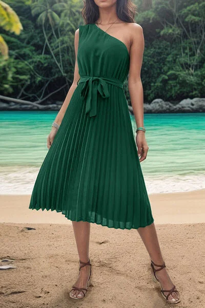 Shift Women Dress with a Simple and Classic Design for Everyday WearPleated Single Shoulder Tie Waist Midi Dress