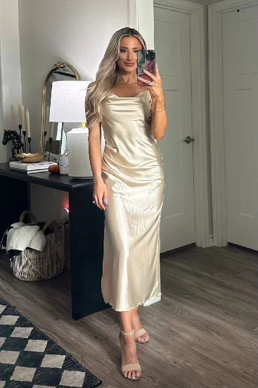 Off - the - Shoulder Women Dress for a Romantic and Feminine LookRacing Hearts Satin Midi Dress: GOLDEN Champagne