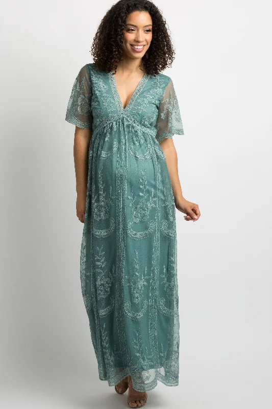 Off - the - Shoulder Women Dress for a Romantic and Feminine LookSage Lace Mesh Overlay Maternity Maxi Dress Off - the - Shoulder Women Dress for a Romantic and Feminine LookSage Lace Mesh Overlay Maternity Maxi Dress