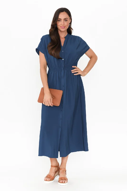 Strapless Women Dress with a Built - in Bra for Comfort and SupportSimone Blue Button Dress Strapless Women Dress with a Built - in Bra for Comfort and SupportSimone Blue Button Dress
