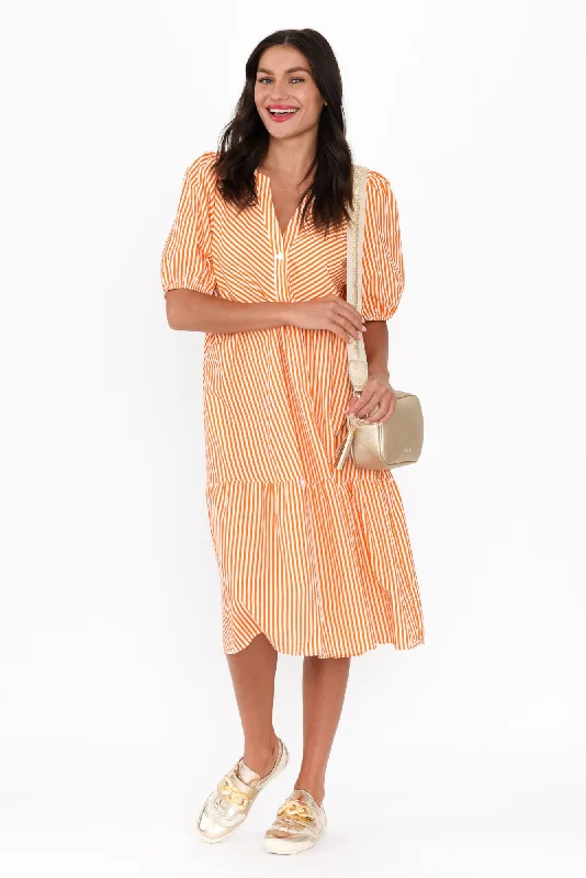 Ruffled Women Dress with Multiple Layers for a Playful and Girly StyleZariah Orange Stripe Cotton Tier Dress Ruffled Women Dress with Multiple Layers for a Playful and Girly StyleZariah Orange Stripe Cotton Tier Dress