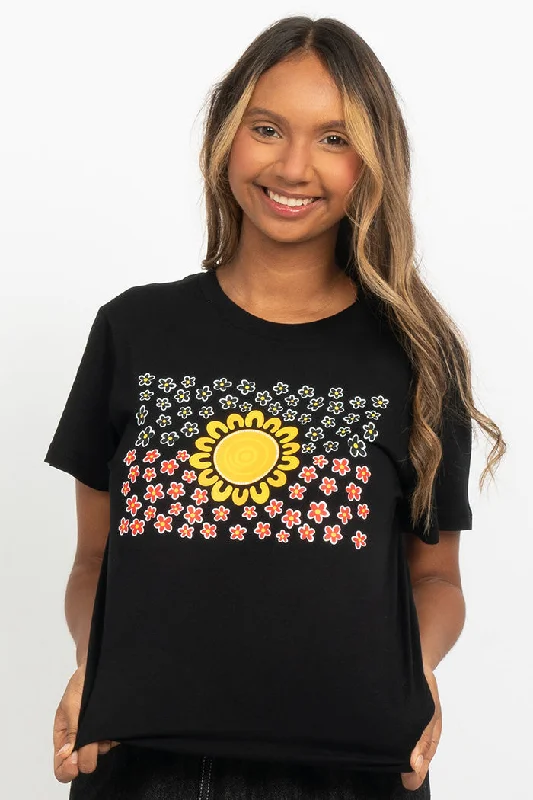 Graphic Print Women T Shirt for a Trendy StatementWildflowers in the Sun Flag Black Cotton Crew Neck Womens T-Shirt