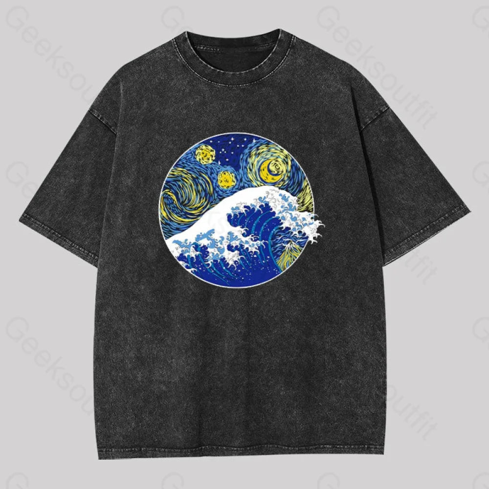 Distressed Women T Shirt with a Laid - Back AestheticGreat Starry Wave Off Kanagawa Washed T-Shirt Distressed Women T Shirt with a Laid - Back AestheticGreat Starry Wave Off Kanagawa Washed T-Shirt