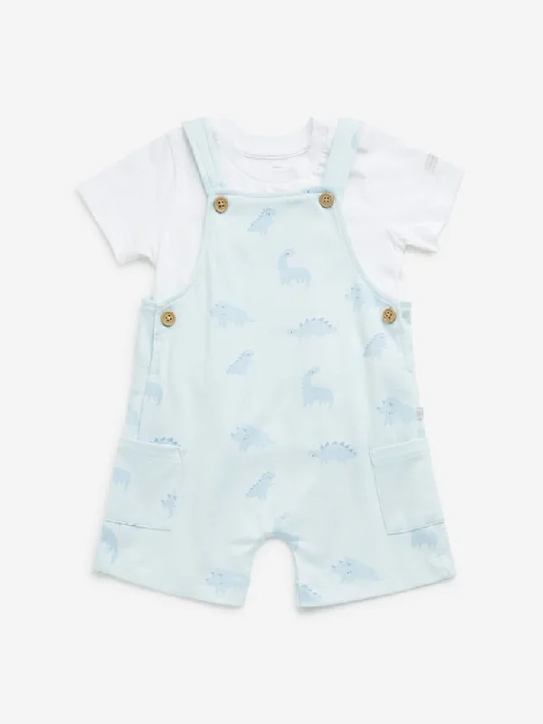 High - Waisted Women Shorts for a Retro and Flattering LookHOP Baby Light Blue Dinosaur Cotton Dungaree with T-Shirt Set