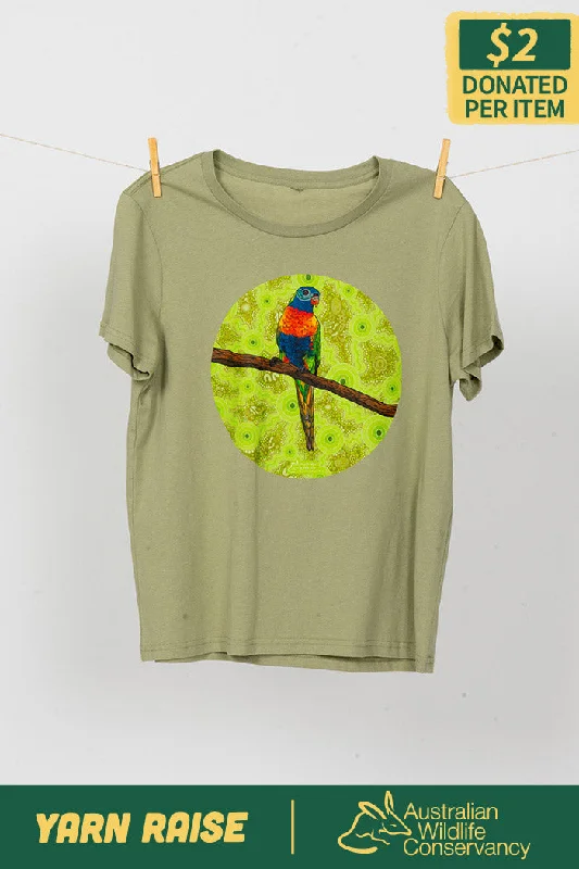 Embroidered Women T Shirt with Intricate DetailsLorikeet 'Australian Wildlife Conservancy' Pistachio Cotton Crew Neck Women’s T-Shirt Embroidered Women T Shirt with Intricate DetailsLorikeet 'Australian Wildlife Conservancy' Pistachio Cotton Crew Neck Women’s T-Shirt