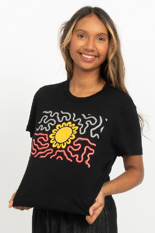 Crop Top Women T Shirt to Pair with High - Waisted BottomsThreaded Together Flag Black Cotton Crew Neck Womens T-Shirt Crop Top Women T Shirt to Pair with High - Waisted BottomsThreaded Together Flag Black Cotton Crew Neck Womens T-Shirt