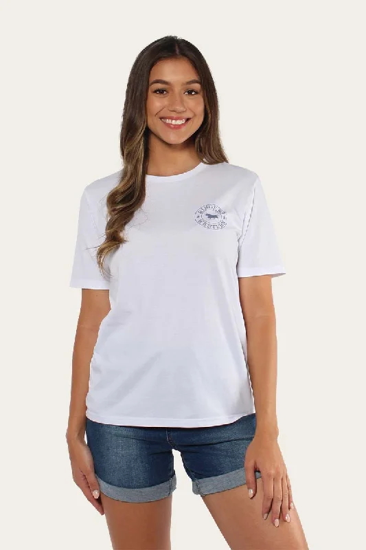 Distressed Women T Shirt with a Laid - Back AestheticSignature Bull Womens Loose Fit T-Shirt - White/Faded Denim Distressed Women T Shirt with a Laid - Back AestheticSignature Bull Womens Loose Fit T-Shirt - White/Faded Denim