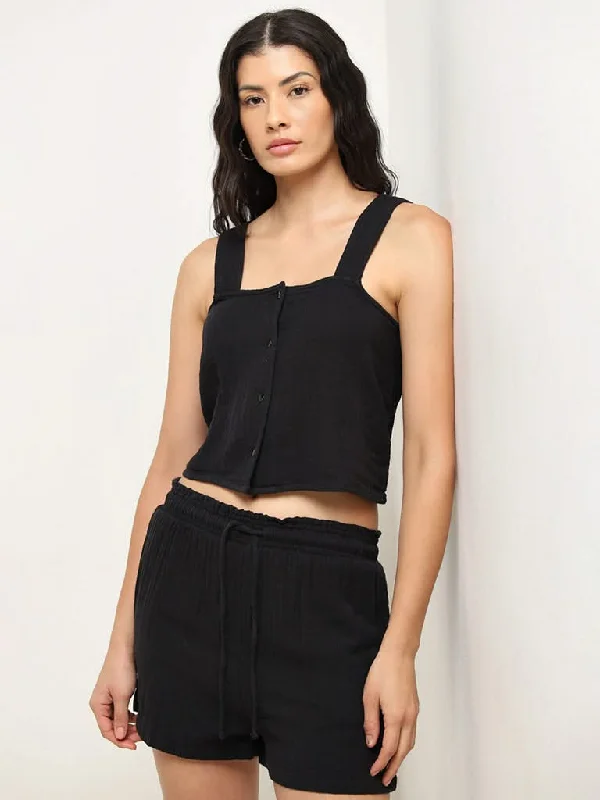 Embroidered Women Shorts with Intricate DesignsWunderlove Black Crinkle Texture Cotton Beach Crop Top