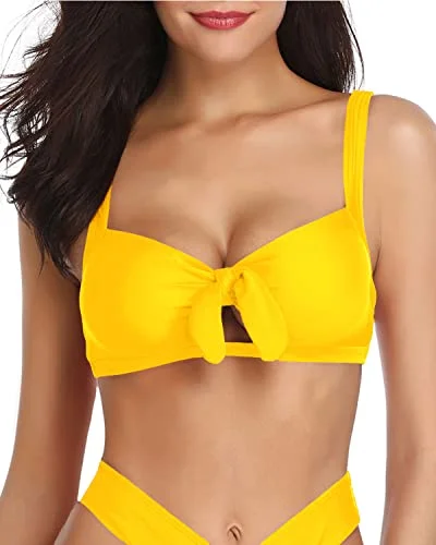 Push - up bikini top to enhance the bust for a confident beach appearanceFront Tie Knot Ruffle Flounce Swimsuit Top-Neon Yellow